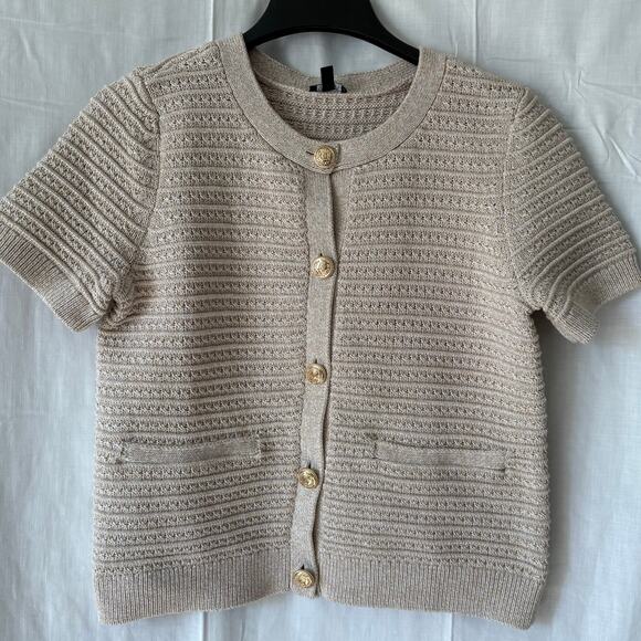 Talbots Short Sleeve Textured Knit Cotton Cardigan Sweater Gold Tone Buttons M - Picture 1 of 6